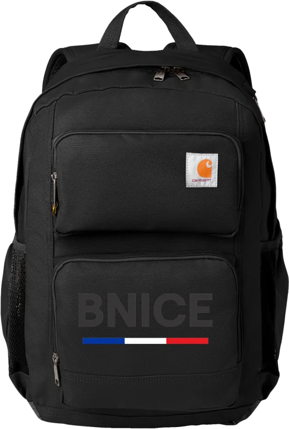 BNICE backpack: black Carhartt backpack with BNICE and a blue, white and red stripe