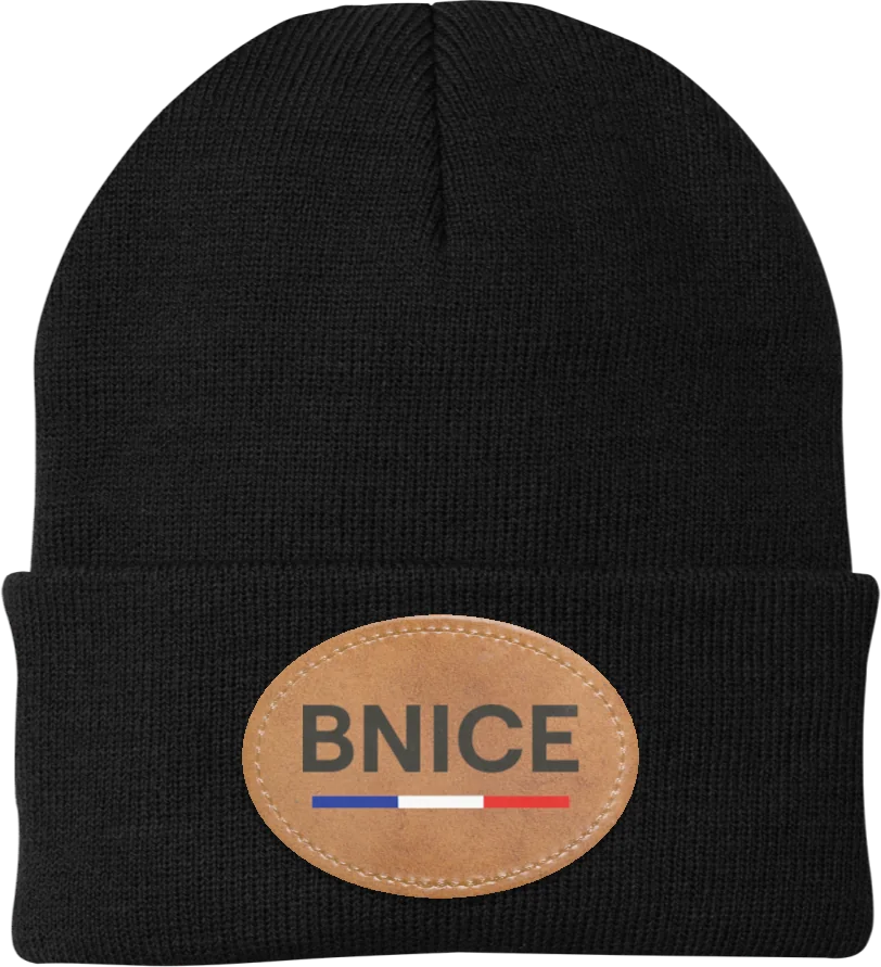 BNICE beanie: black knit beanie with a leather patch showing BNICE and a blue, white and red stripe
