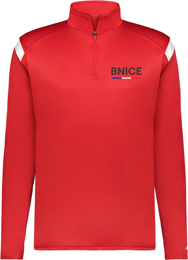 BNICE quarter-zip: red athletic pullover with BNICE and a blue, white and red stripe on the chest