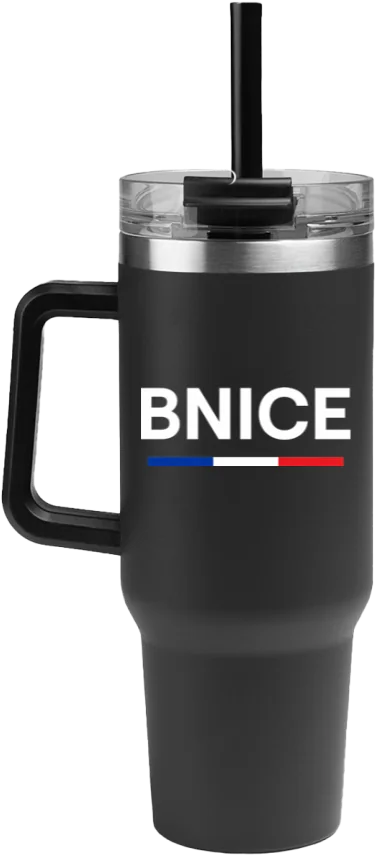 BNICE tumbler: black 40oz tumbler with white BNICE and a blue, white and red stripe